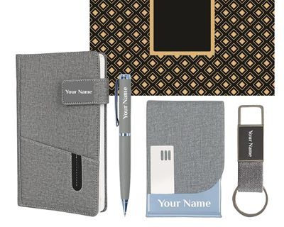 4 in 1 Personalized Diary with Pen, Card Holder And Keychain Gift Set for Men and Women, Customized Jute Cover Pu Leather Diaries Set, New Year Corporate Gift for Employee (Grey)