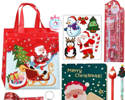 Glitreeprops Christmas present gift combo set for kids | Xmas gift bag 10 items cute school stationery pen pencil eraser diary keychain stickers badge