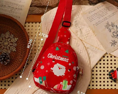 Christmas Sling Backpack for Kids, Santa theme chestbag Adjustable Shoulder Strap, 17x13x6.5 cm, sling Bag printed Snowflakes XmasTrees reindeer