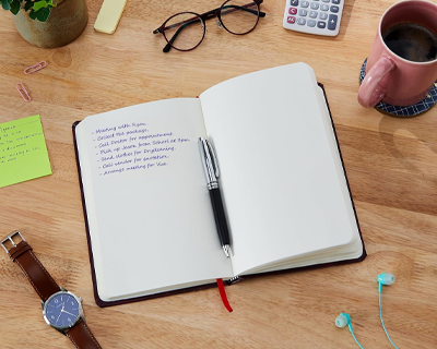 amazon basics A5 Journal/Notebook/Diary With Ribbon Bookmark & Metal Roller Ballpen | Gift Set For Corporate And Personal Occasion