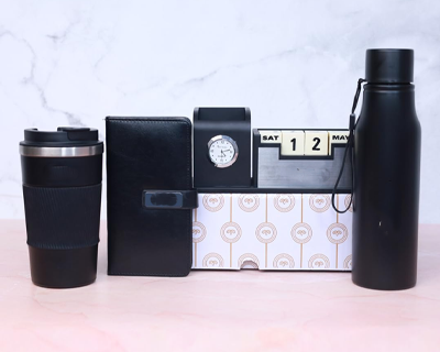 Personalized Diary, Coffee Tumbler 510ml, Desk Organizer, Water Bottle Gift Set for Men and Women, 4 in 1 Personalized Gifting Items for Husband, Corporate Gifts for Employee (Black)