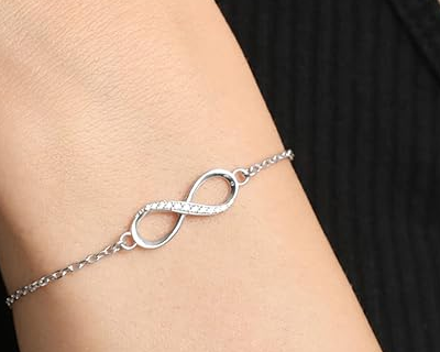 Clara 925 Sterling Silver Infinity Bracelet, Adjustable, Rhodium Plated, Swiss Zirconia Gift for Women and Girls