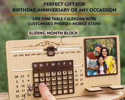 Infinity Sliding Wooden Desk Photo Calendar with Mobile Stand & Custom Photo | Lifetime Perpetual Table Calendar & Desk Organizer for Office/Home | Personalized & Customised Gift Men, Women & Corporate Gifting
