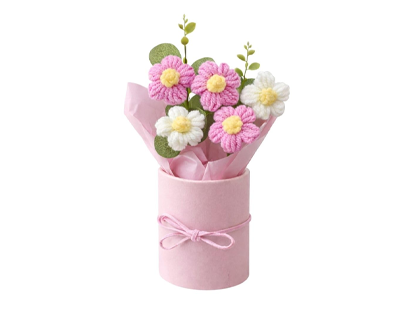 Handmade Pink Crochet Bouquet- Pack of 1 - Hand Woven Knitted Artificial Hand Knitted Bouquet Flower for Office Desk, Table, Car, Bedroom, Wedding & Special Occasions