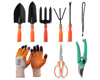 Solimo 8-Piece Gardening Tool Kit | Cultivator, Fork, Trowels, Weeder, Garden Gloves, Pruner Cutter, and Scissor