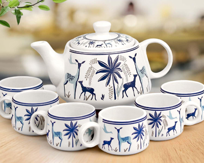 The Earth Store Handcrafted Ceramic Stag Blue Tea Cup Set with Kettle Microwave and Dishwasher Safe 6 Tea Cups & 1 Kettle
