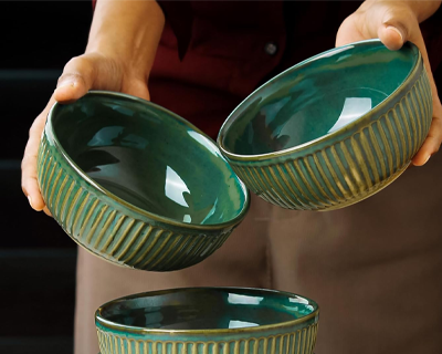 The Earth Store Glam Green Ceramic Bowl Set of 4, 500ML Each | Ceramic Mixing Bowls for Snacks, More