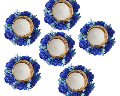 Diwali Decorative Round Blue Color Set of 6 Handmade Tea Light Candle Designer Diyas - Deepak, Candles, Home Decoration Diya for puja Festival Decor Newyear Gift