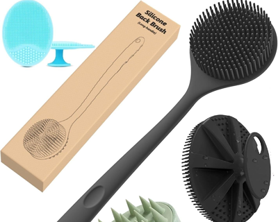 Soft Silicone Bath Brush Set | Long Handle Back Scrubber + Body Scrubber + Scalp Massager + Face Massager | Super Exfoliating & Lathering