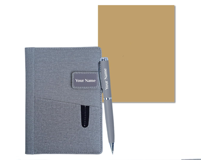 Personalized Jute Diary with Pen Gift Set, Customized 2 in 1 Organiser Office Diaries Notebook A5 Size, Diwali Corporate Gifts for Employee (Grey)