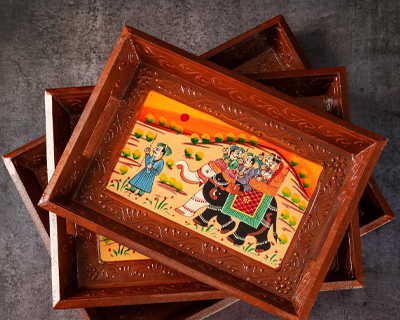 Swadeshi Blessings Wooden Serving Tray Set- Handcrafted & Hand-Painted for Kitchen