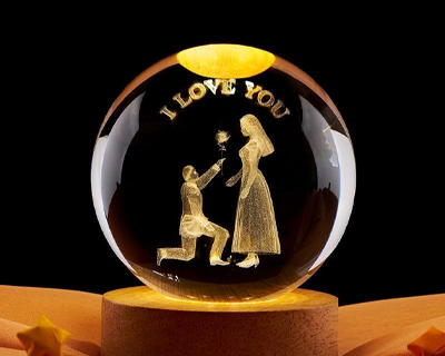 3D Crystal Love You Lamp for Couples Engraved Crystal Ball LED Night Light with Wooden Base