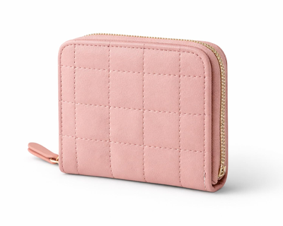 Leather Mini Zipper Wallet for Women, Pink - Checked Pattern