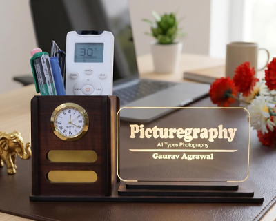 Wood Desk Organizer with LED Name Lamp