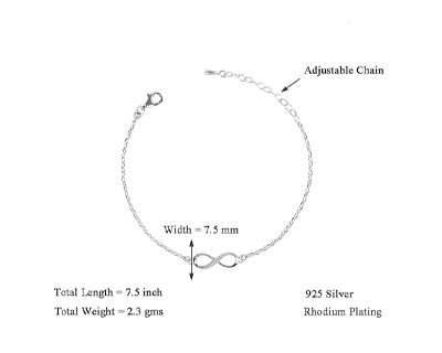 Clara 925 Sterling Silver Infinity Bracelet, Adjustable, Rhodium Plated, Swiss Zirconia Gift for Women and Girls
