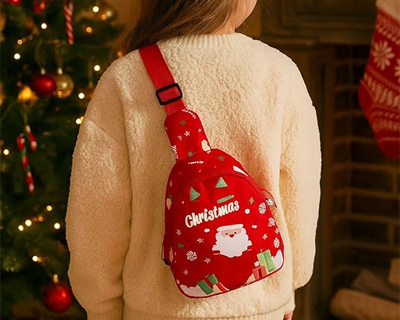 Christmas Sling Backpack for Kids, Santa theme chestbag Adjustable Shoulder Strap, 17x13x6.5 cm, sling Bag printed Snowflakes XmasTrees reindeer