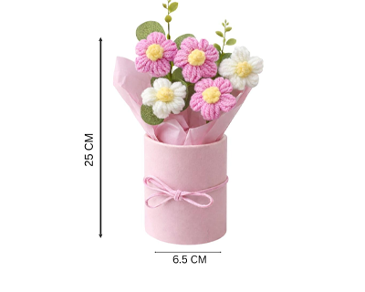 Handmade Pink Crochet Bouquet- Pack of 1 - Hand Woven Knitted Artificial Hand Knitted Bouquet Flower for Office Desk, Table, Car, Bedroom, Wedding & Special Occasions