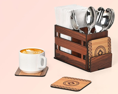 Wooden Cutlery Holder with 3 Compartments & 4 Designer Coasters | Multipurpose Utensil, Tissue & Spoon Stand