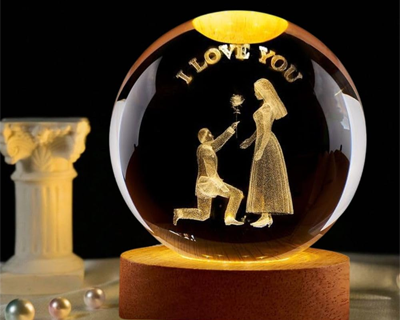 3D Crystal Love You Lamp for Couples Engraved Crystal Ball LED Night Light with Wooden Base