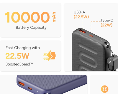 10000mAh Slim & Compact Powerbank with in-Build Type C Cable, 22.5W Fast Charging, USB & Type C Output, Power Delivery