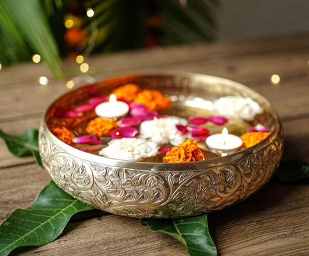 Golden Aluminium Chitai Design 10" inch Urli | Navratri Durga Puja Indoor Outdoor Center Table Flower Decorative Bowl