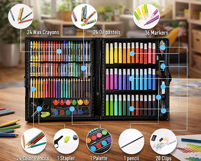 150 Pieces Colour Set Kit for Kids, Complete Stationery Items and Colour Pencil Set in Portable Case