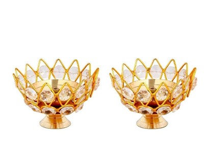 Diwali Diya Crystal Round Akhand Diya for Puja Brass Small Kamal Deep Jyoti Oil Lamp for Home Temple Pooja Decor Gifts Pack of 4