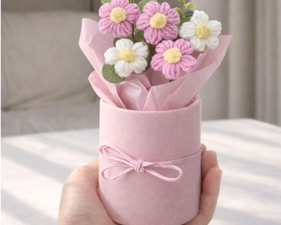 Handmade Pink Crochet Bouquet- Pack of 1 - Hand Woven Knitted Artificial Hand Knitted Bouquet Flower for Office Desk, Table, Car, Bedroom, Wedding & Special Occasions
