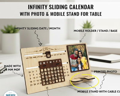 Infinity Sliding Wooden Desk Photo Calendar with Mobile Stand & Custom Photo | Lifetime Perpetual Table Calendar & Desk Organizer for Office/Home | Personalized & Customised Gift Men, Women & Corporate Gifting