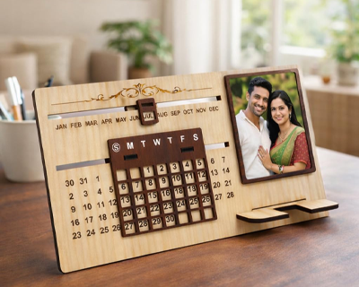 Infinity Sliding Wooden Desk Photo Calendar with Mobile Stand & Custom Photo | Lifetime Perpetual Table Calendar & Desk Organizer for Office/Home | Personalized & Customised Gift Men, Women & Corporate Gifting