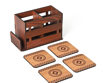 Wooden Cutlery Holder with 3 Compartments & 4 Designer Coasters | Multipurpose Utensil, Tissue & Spoon Stand