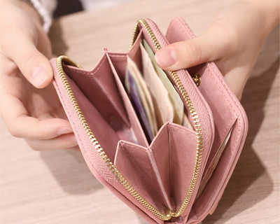 Leather Mini Zipper Wallet for Women, Pink - Checked Pattern