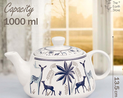 The Earth Store Handcrafted Ceramic Stag Blue Tea Cup Set with Kettle Microwave and Dishwasher Safe 6 Tea Cups & 1 Kettle