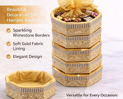 Vayu Art & Crafts Octagonal Shape Decorated Net Hamper Gift Basket Combo/Pack of 5, Diwali Gift Hamper, Festival Gift