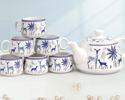 The Earth Store Handcrafted Ceramic Stag Blue Tea Cup Set with Kettle Microwave and Dishwasher Safe 6 Tea Cups & 1 Kettle