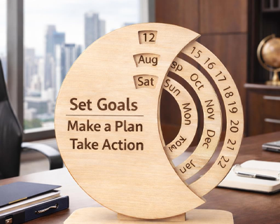Premium Wooden Perpetual Desk Calendar with Rotating Date & Month Rings – Motivational “Set Goals Make a Plan Take Action” Engraved Tabletop Organizer – Office & Home Décor Gift