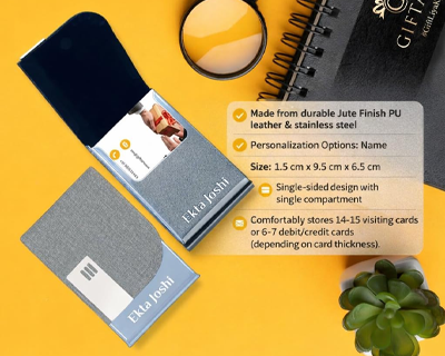 4 in 1 Personalized Diary with Pen, Card Holder And Keychain Gift Set for Men and Women, Customized Jute Cover Pu Leather Diaries Set, New Year Corporate Gift for Employee (Grey)
