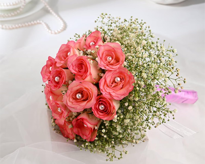 Premium Fresh Live Bridal Flower Bouquet of 12 Pink Pearls Roses