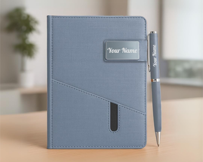 Personalized Jute Diary with Pen Gift Set, Customized 2 in 1 Organiser Office Diaries Notebook A5 Size, Diwali Corporate Gifts for Employee (Grey)