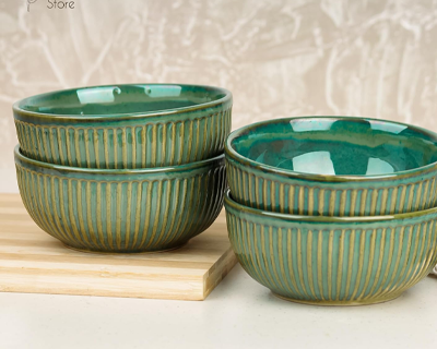 The Earth Store Glam Green Ceramic Bowl Set of 4, 500ML Each | Ceramic Mixing Bowls for Snacks, More