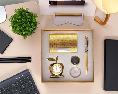 Gold Plated 4-in-1 Gift Set for Men | Women – Apple Shape Table Clock, Crystal Pen, Business Card Holder & Keychain – Ideal for Office | Anniversary | Birthday & Corporate Gifting