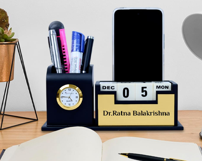2 in 1 Personalized Desk Table Organizer with Pen Gift Set for Doctors, Customized Pen Stand Table Clock & Calendar, Customised New Year Corporate Gift Set for Employee (Black,Gold)