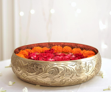 Golden Aluminium Chitai Design 10" inch Urli | Navratri Durga Puja Indoor Outdoor Center Table Flower Decorative Bowl