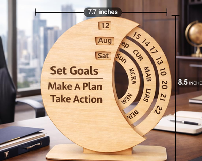 Premium Wooden Perpetual Desk Calendar with Rotating Date & Month Rings – Motivational “Set Goals Make a Plan Take Action” Engraved Tabletop Organizer – Office & Home Décor Gift