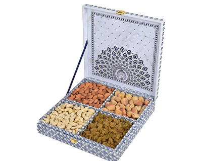 Riwaz Mor Pankh Gift Box Elegance with Gourmet Delights | 4 - Column filled with Almond, Cashew, Raisins and Khumani