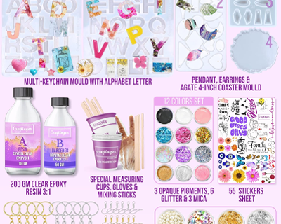 Craftinger DIY 85 Pcs Pro Resin Art Kit with 200 Gm Resin and Coasters Alphabet Keychain Earring Making Kit