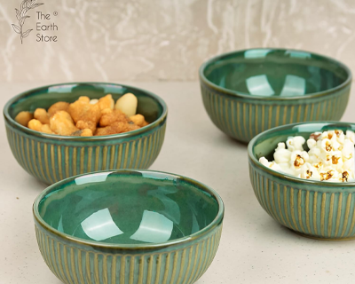 The Earth Store Glam Green Ceramic Bowl Set of 4, 500ML Each | Ceramic Mixing Bowls for Snacks, More