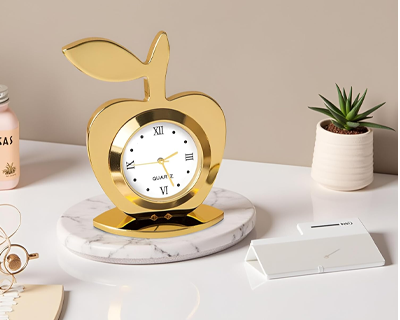 Gold Plated 4-in-1 Gift Set for Men | Women – Apple Shape Table Clock, Crystal Pen, Business Card Holder & Keychain – Ideal for Office | Anniversary | Birthday & Corporate Gifting