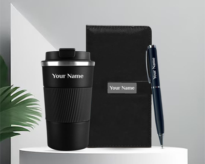 Personalized Diary with Pen, Coffee Tumbler 510ml with Name, 3 in 1 Customized Diary, Pen, Tumbler, Personalised Gifts for Husband, Corporate Gifts for Employee (Black)
