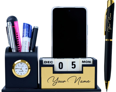 2 in 1 Personalized Desk Table Organizer with Pen Gift Set for Doctors, Customized Pen Stand Table Clock & Calendar, Customised New Year Corporate Gift Set for Employee (Black,Gold)